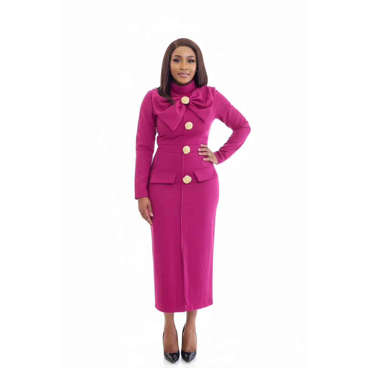 Big Bow Split Stand Collar Long Sleeve Midi Dress - Image 4
