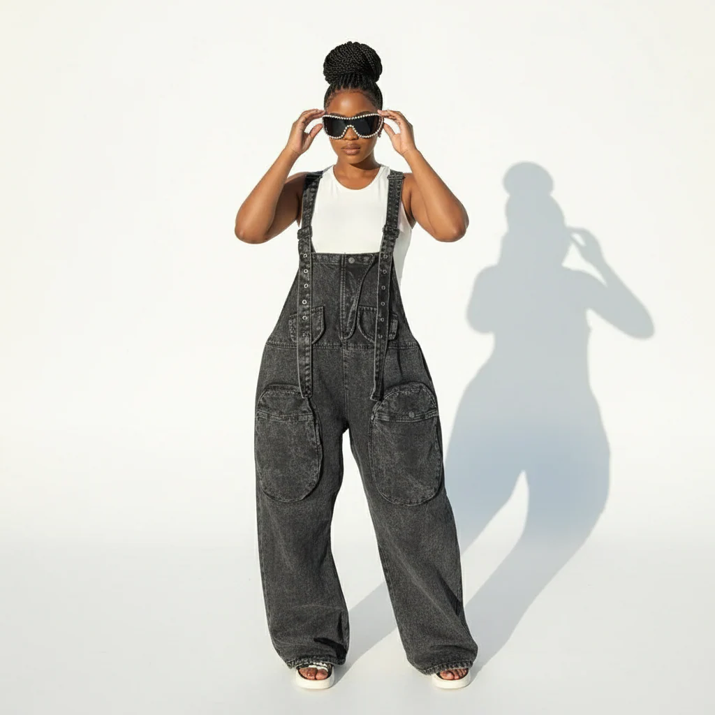 Big Pockets Loose Dungaree Denim Jumpsuit - Image 2