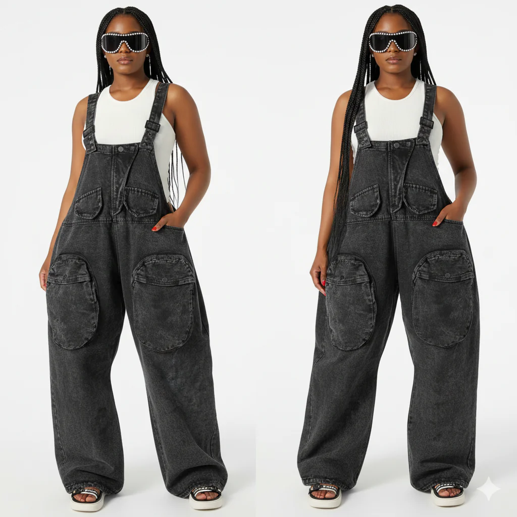 Big Pockets Loose Dungaree Denim Jumpsuit - Image 3