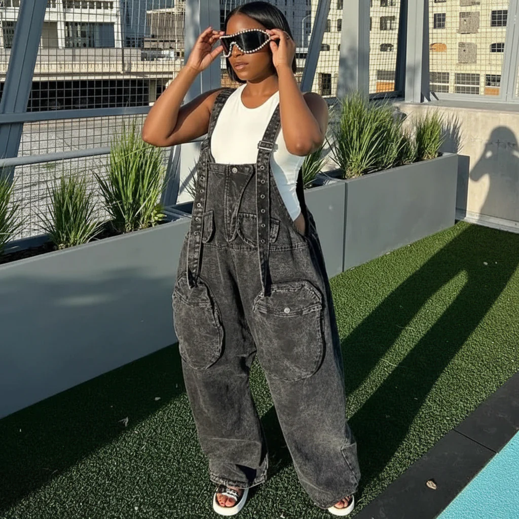 Big Pockets Loose Dungaree Denim Jumpsuit - Image 4