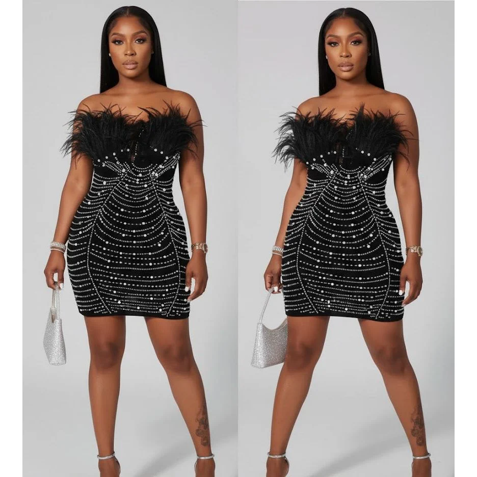 Black Feather Strapless Mini Dress with Rhinestone Detail - Image 4