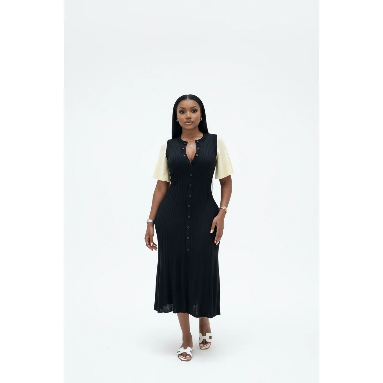 Bodycon Button Short Sleeve Knitted Maxi Dress - Image 2