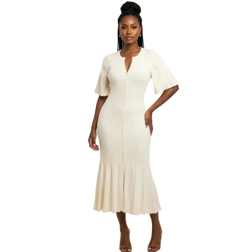 Bodycon Button Short Sleeve Knitted Maxi Dress - Image 5