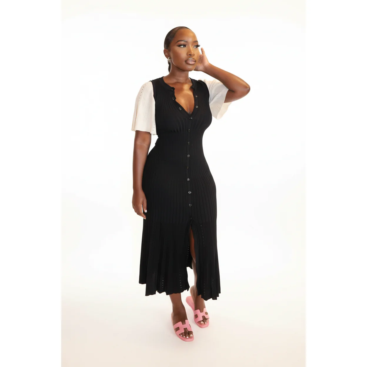 Bodycon Button Short Sleeve Knitted Maxi Dress - Image 8