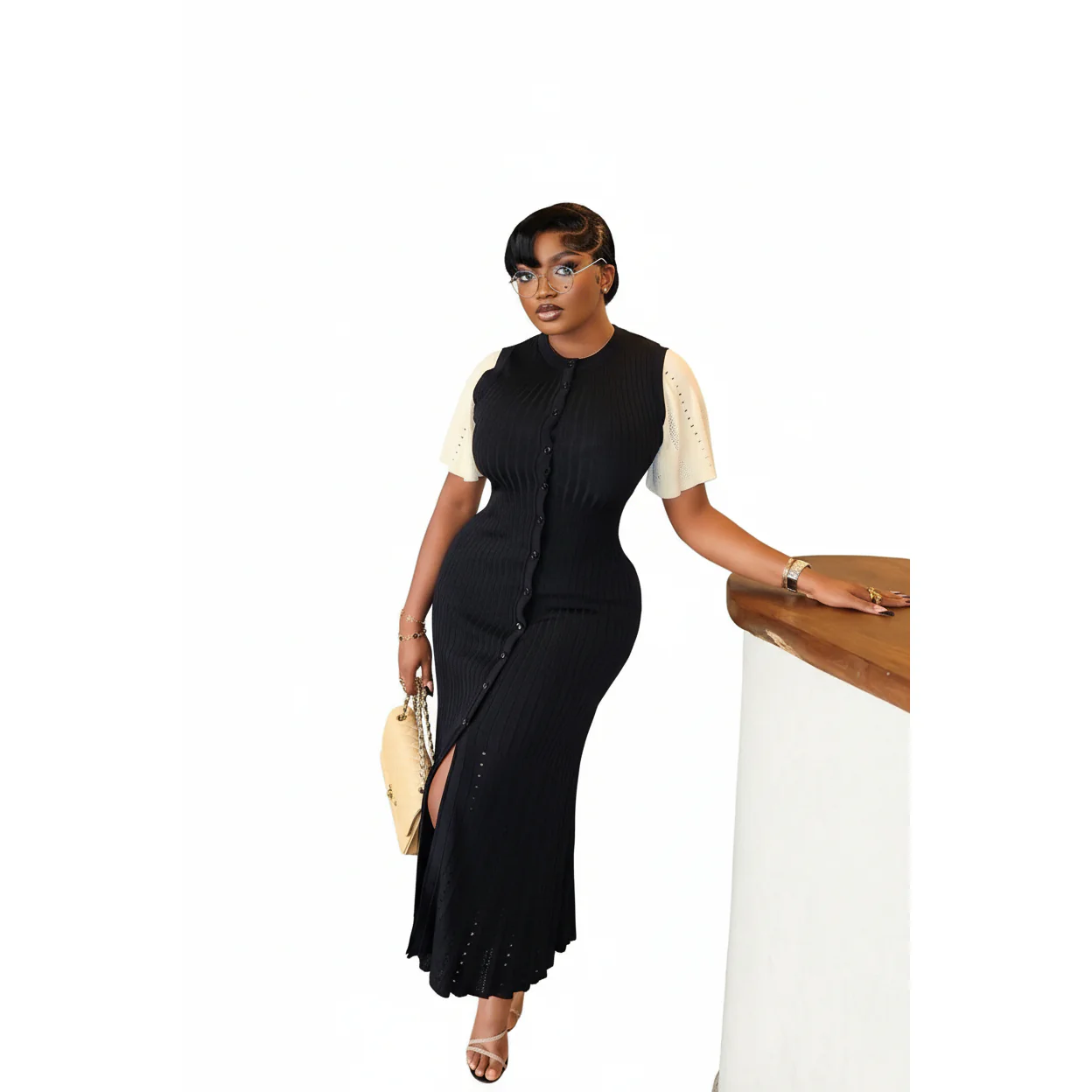 Bodycon Button Short Sleeve Knitted Maxi Dress - Image 9