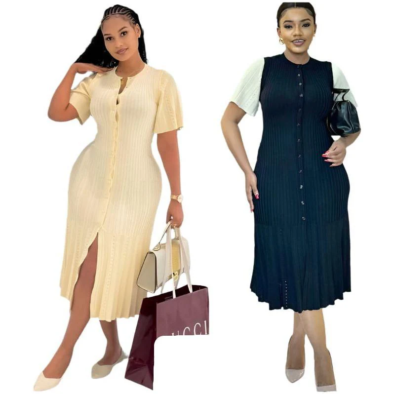 Bodycon Button Short Sleeve Knitted Maxi Dress. - Image 3