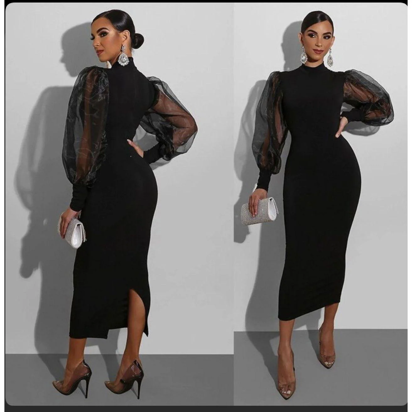 Bodycon Mesh Long Lantern Sleeves Dress - Image 2