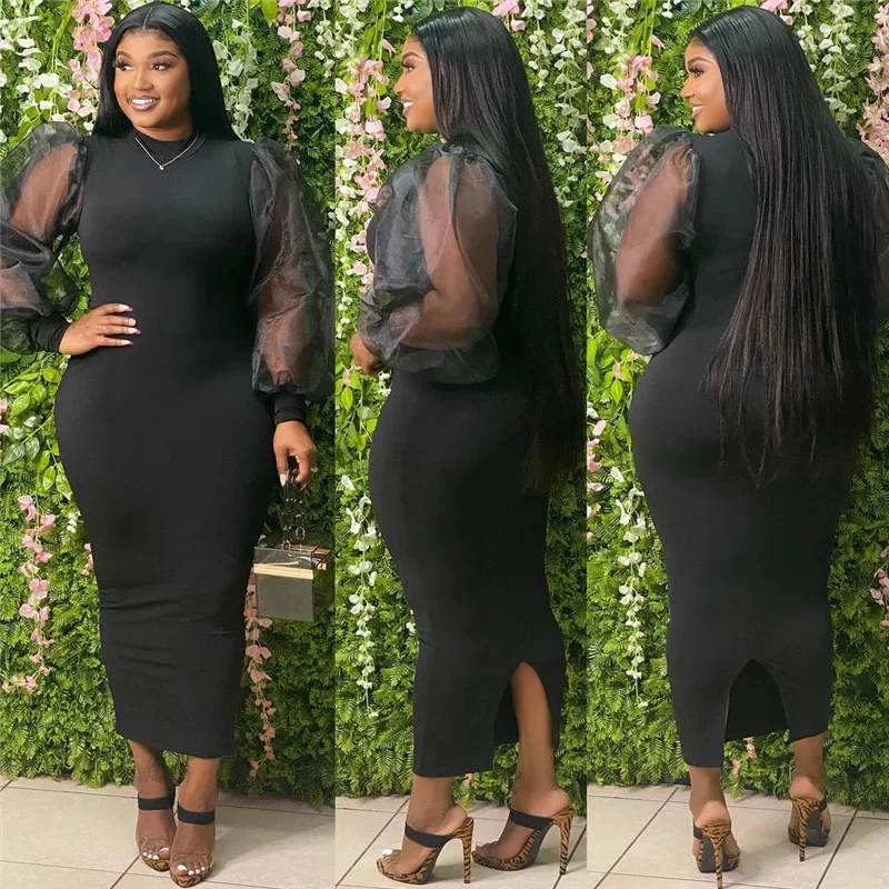 Bodycon Mesh Long Lantern Sleeves Dress - Image 4