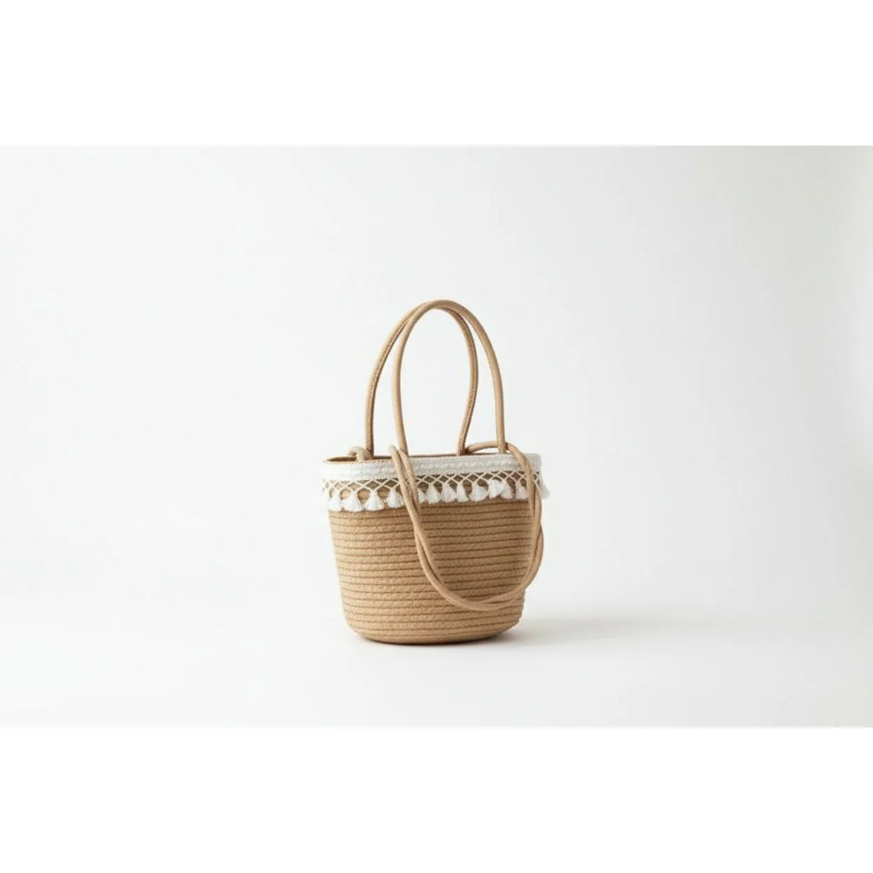 Bohemian Beige Tassel Lace Trim Tote Bag