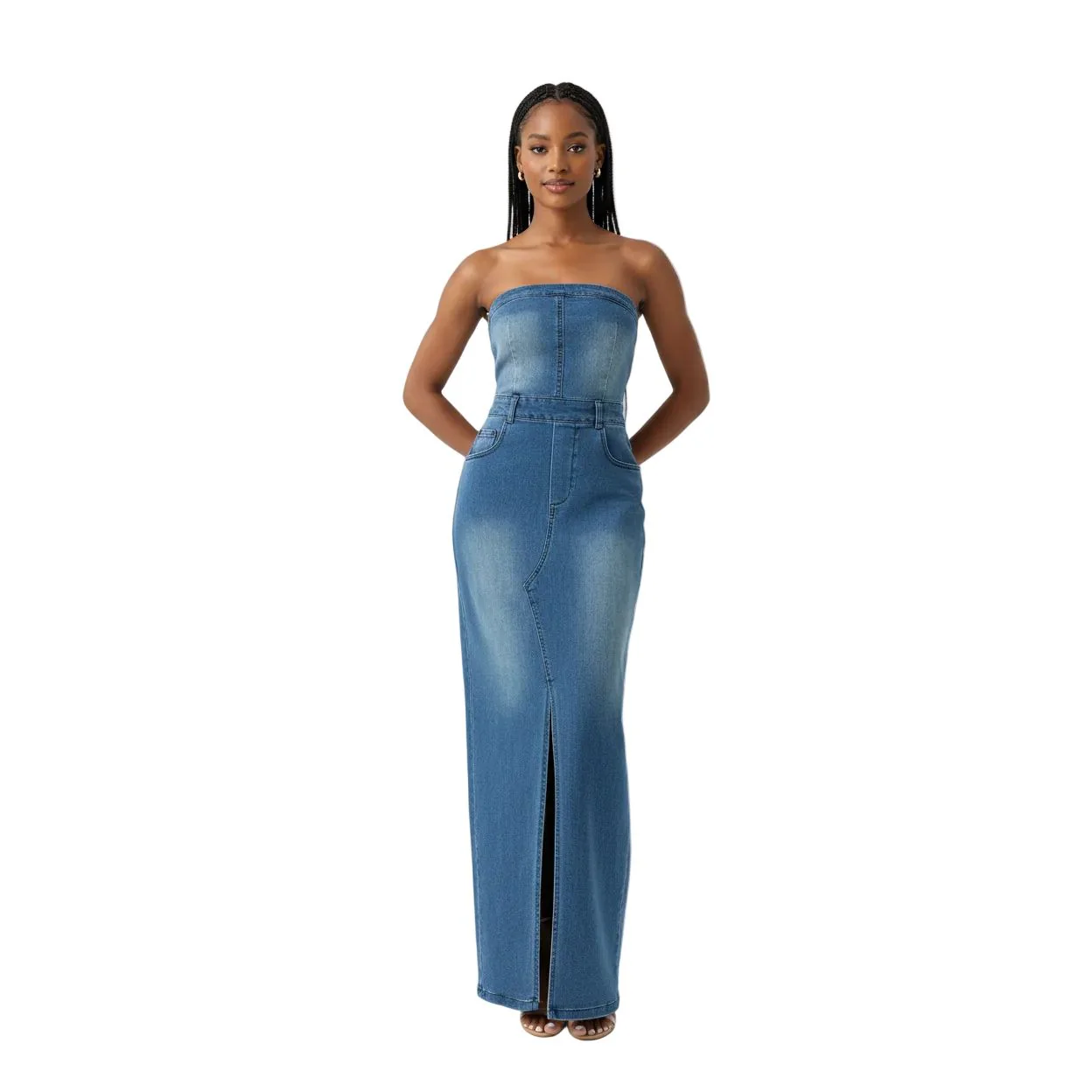 Boob Tube Slit Denim Dress - Image 2