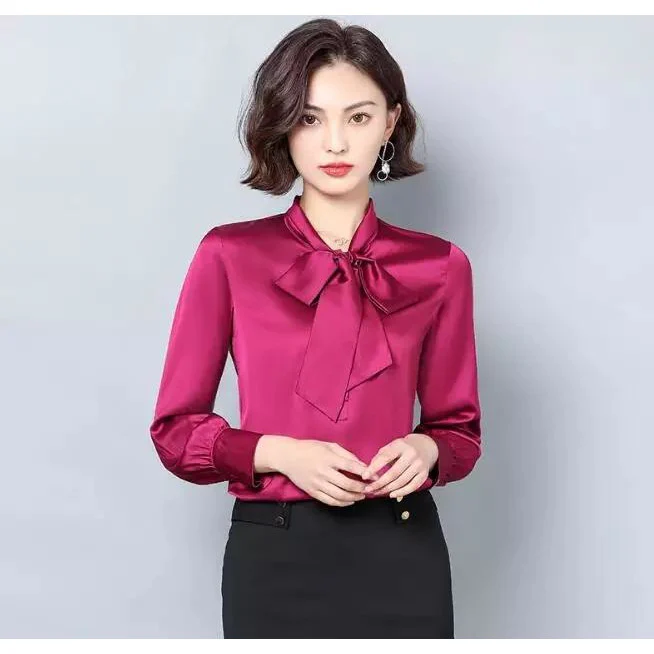 Bow Collar Silk Satin Shirts Blouses  - Image 3