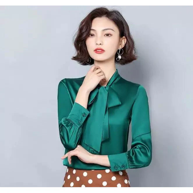 Bow Collar Silk Satin Shirts Blouses  - Image 4