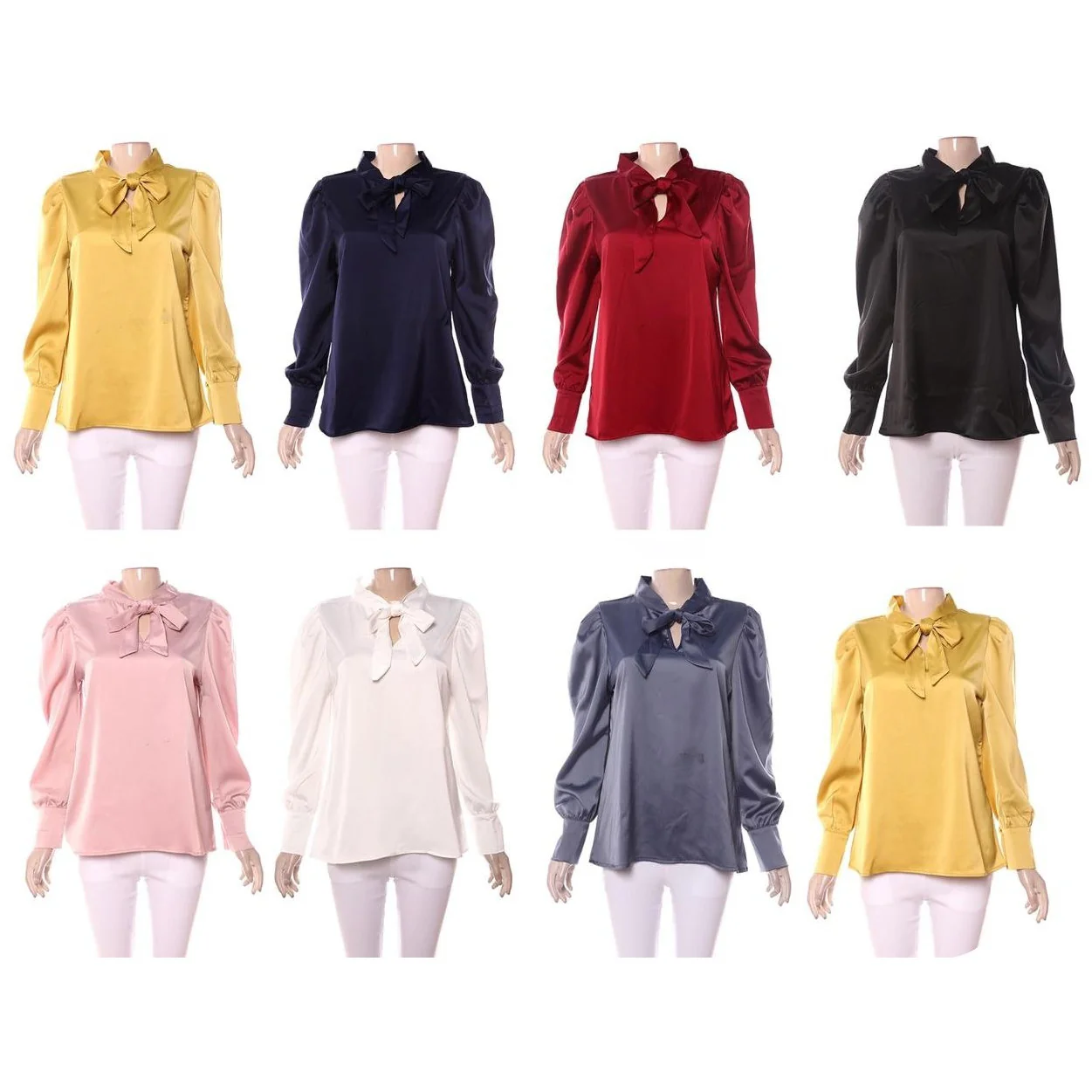 Bow Collar Silk Satin Shirts Blouses  - Image 9