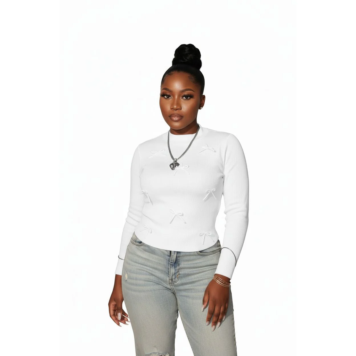 Bow Long-Sleeve Mock Neck Top - Image 2