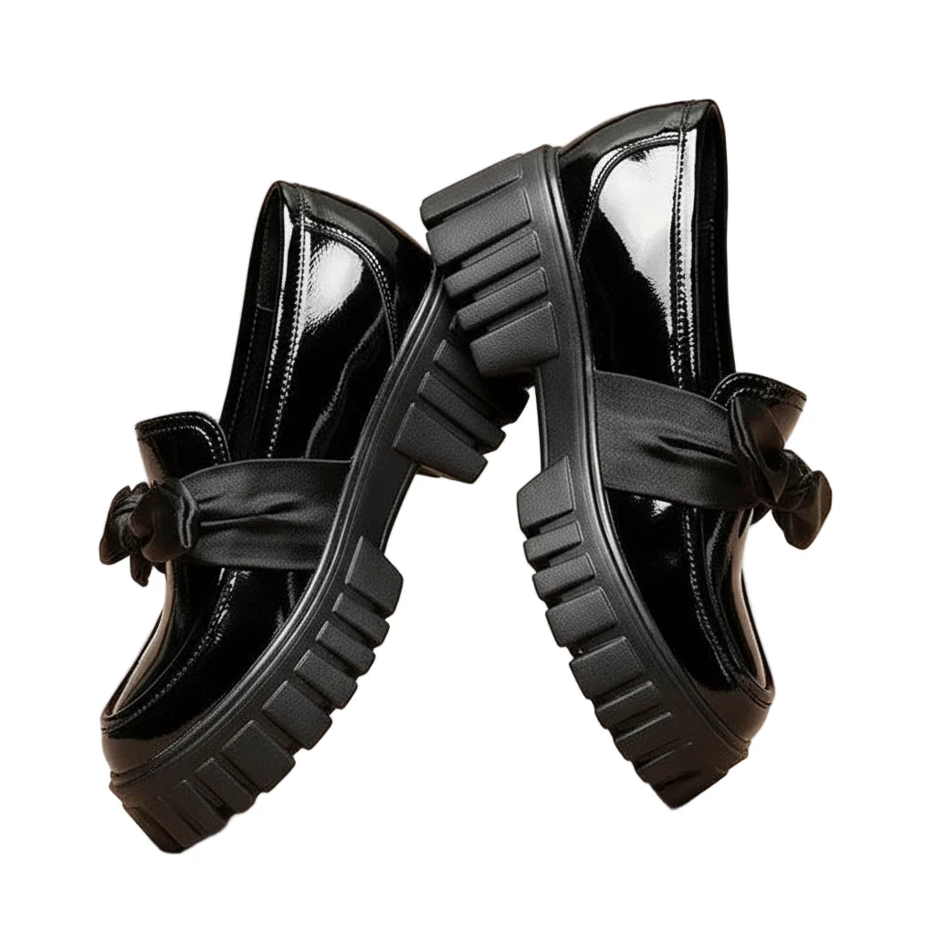 Black Platform Oxford Bowknot Glossy Shoes