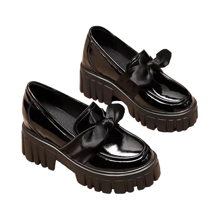 Black Platform Oxford Bowknot Glossy Shoes - Image 2