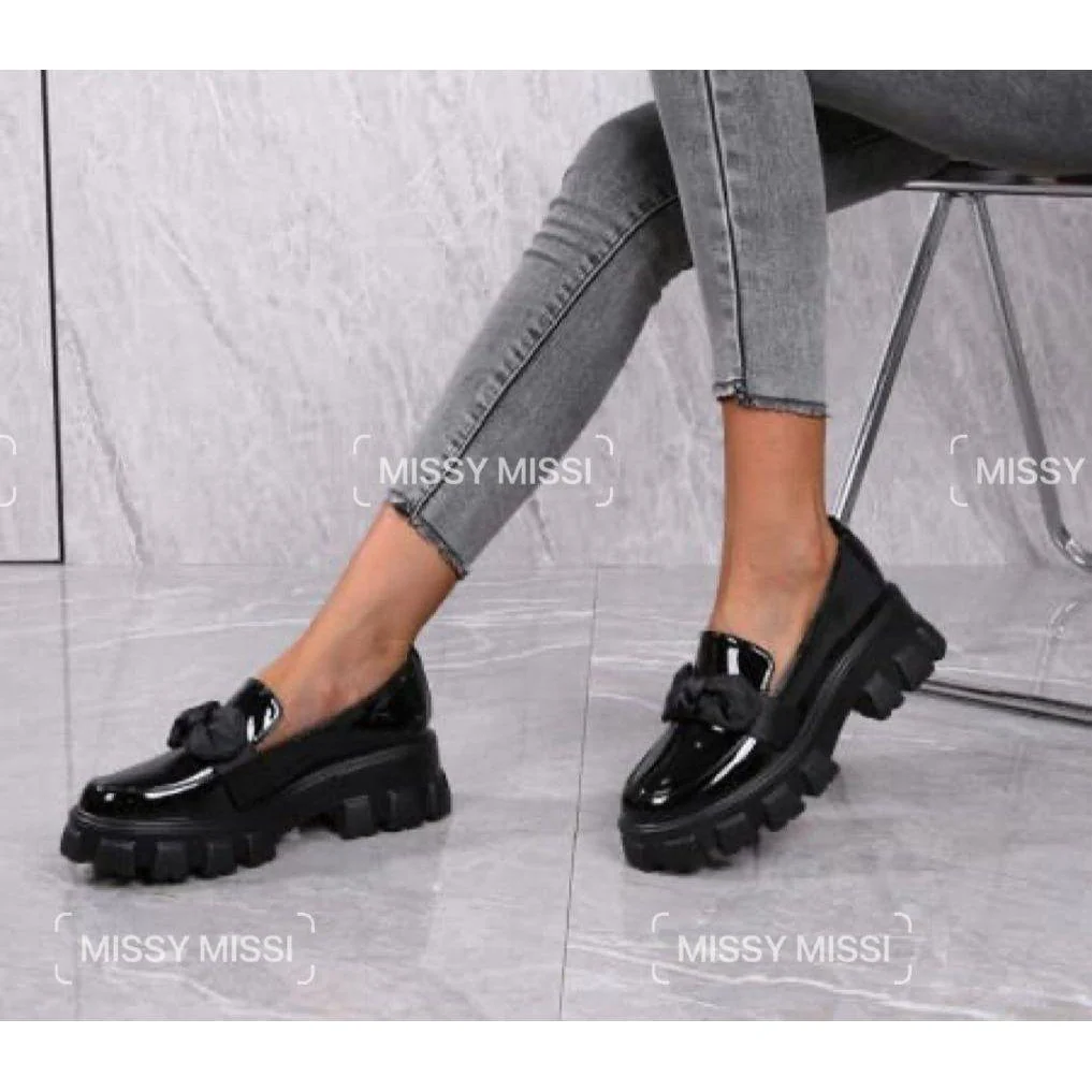 Black Platform Oxford Bowknot Glossy Shoes - Image 3