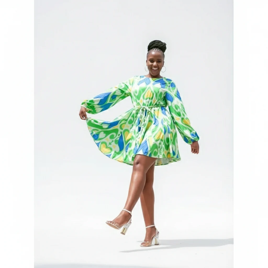 Bowknot Round  Neck Lantern Sleeve Mini Dress
