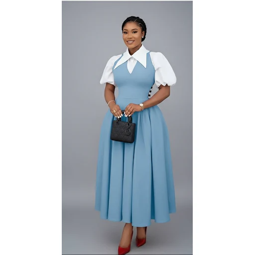 Bubble Sleeve Shirt Collar High Waist Slimming Dress - Image 3