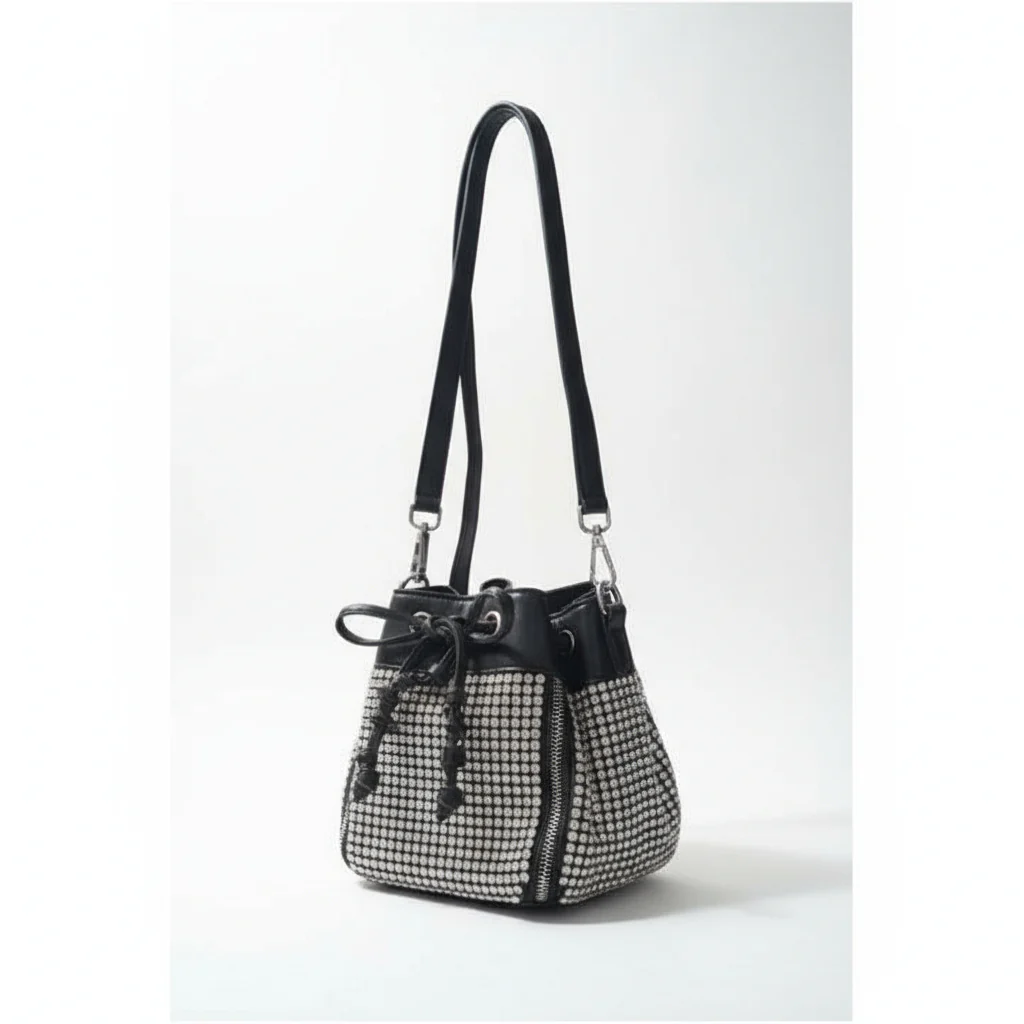 Bucket Luxury Crystal Top Handle Faux Leather Crossbody Shoulder Bag.