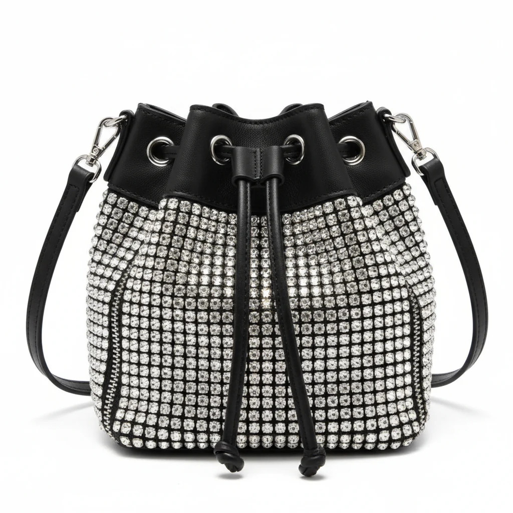Bucket Luxury Crystal Top Handle Faux Leather Crossbody Shoulder Bag. - Image 2