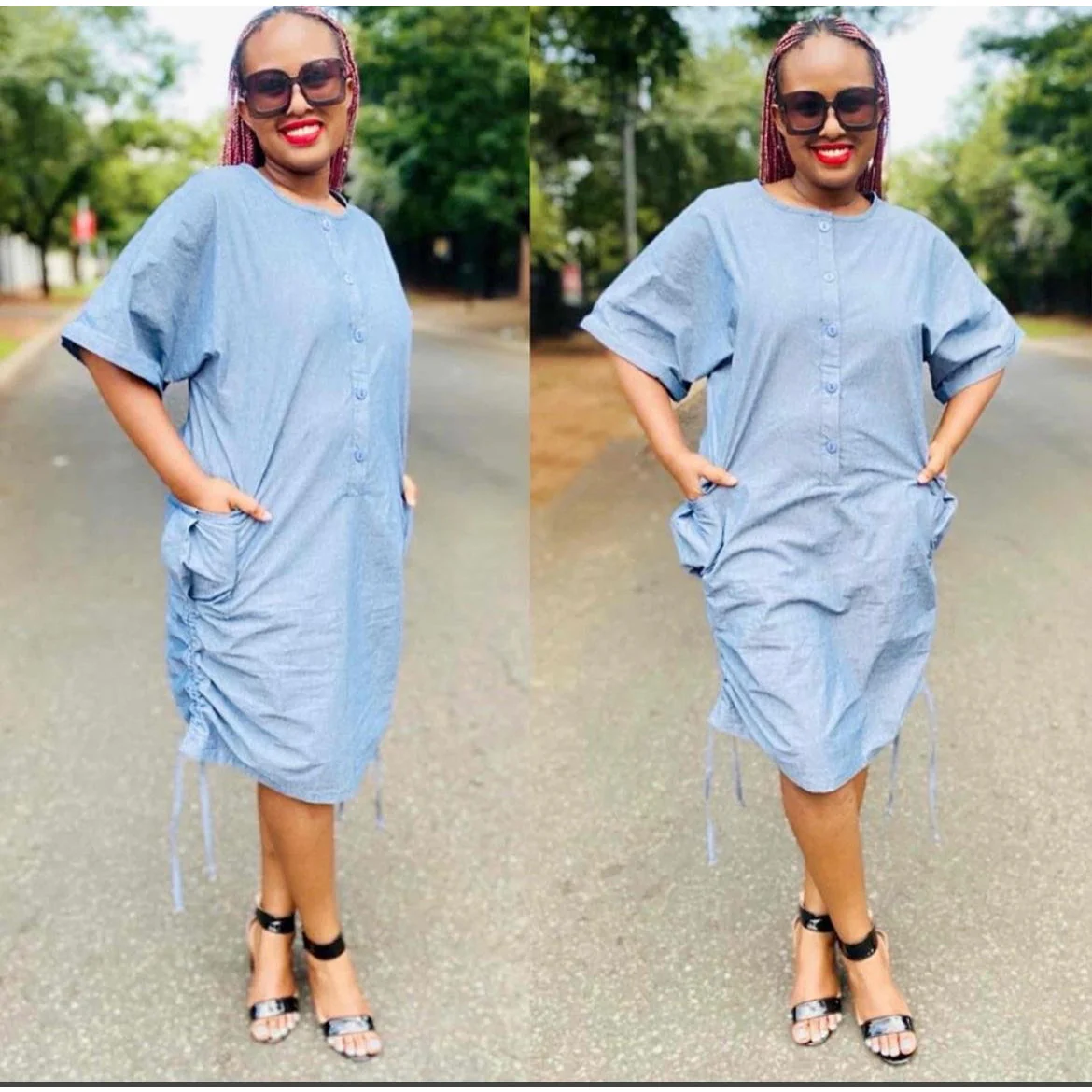 Button Detail Short Sleeve Denim Dress - Image 4