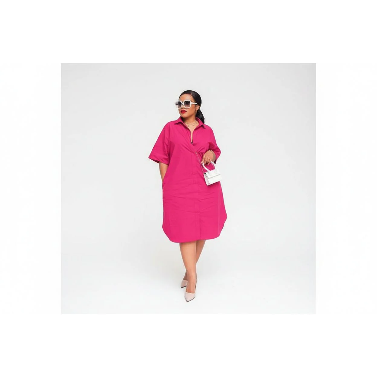 Button Detail Short Sleeve Midi Shirt Dress