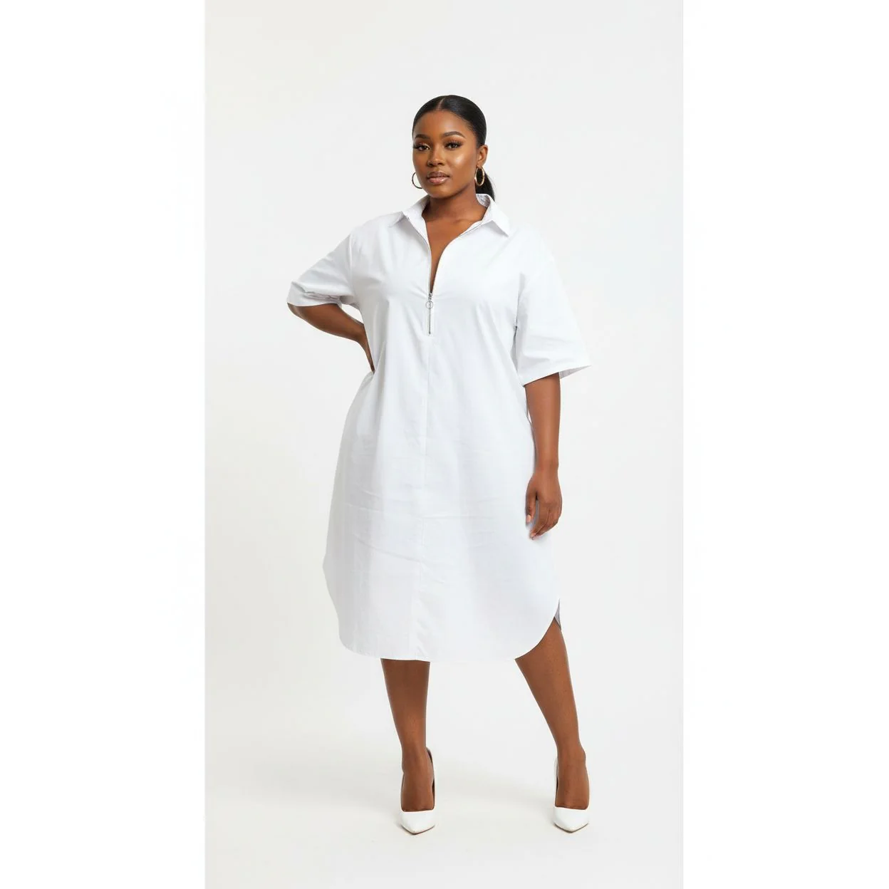 Button Detail Short Sleeve Midi Shirt Dress - Image 2
