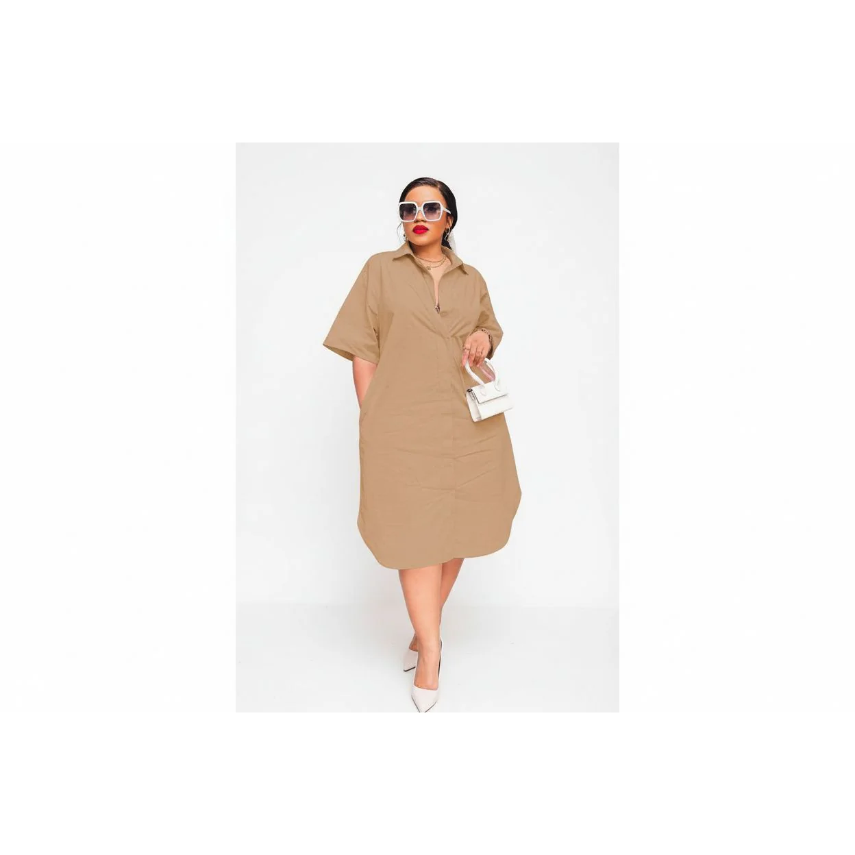Button Detail Short Sleeve Midi Shirt Dress - Image 3