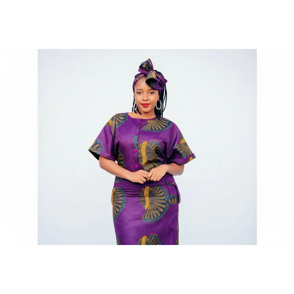 Button Detailed Midi Ankara Dress - Image 2