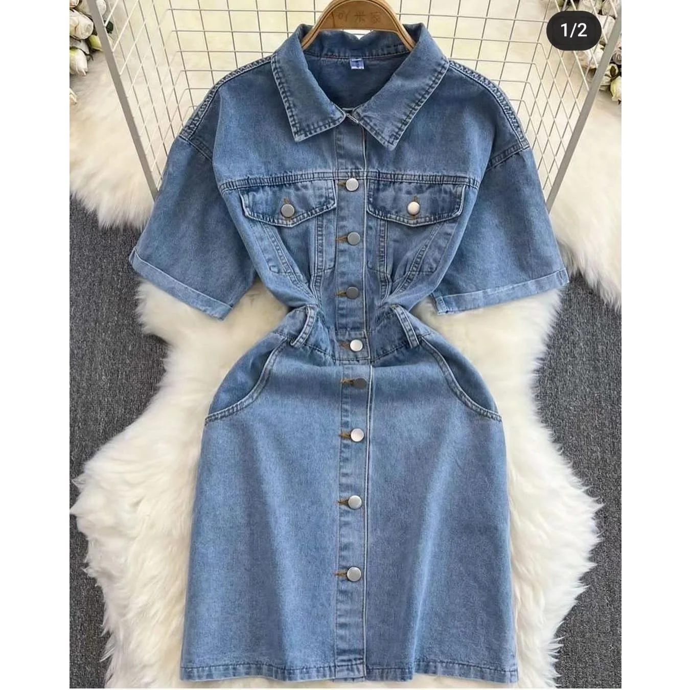 Button Detailed Short Denim Dress - Image 2