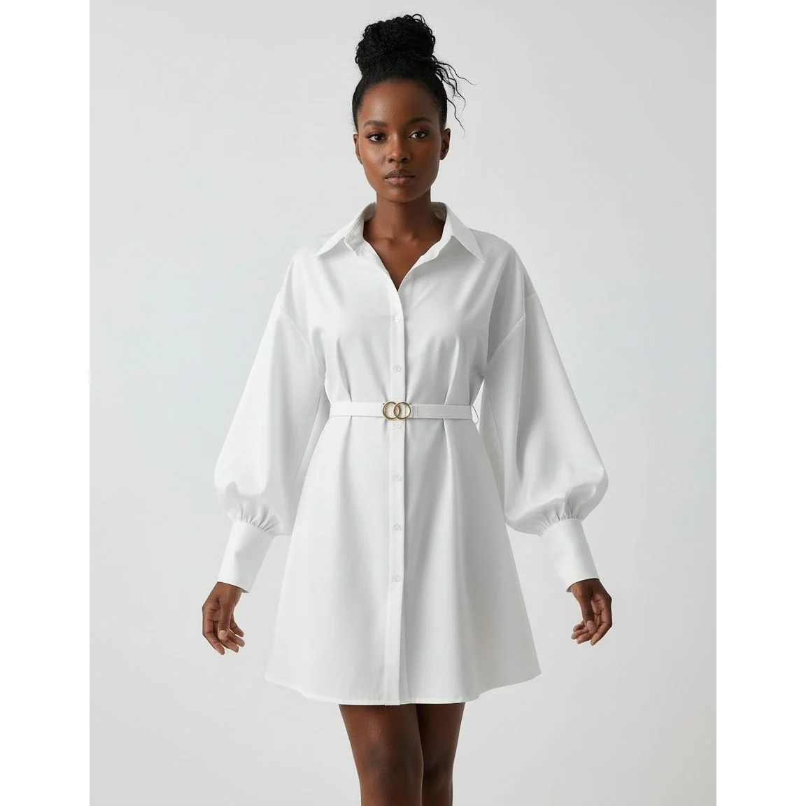 Button-Down Puff Sleeve Mini Dress with Belt - Image 3