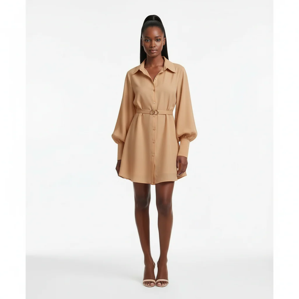 Button-Down Puff Sleeve Mini Dress with Belt - Image 4