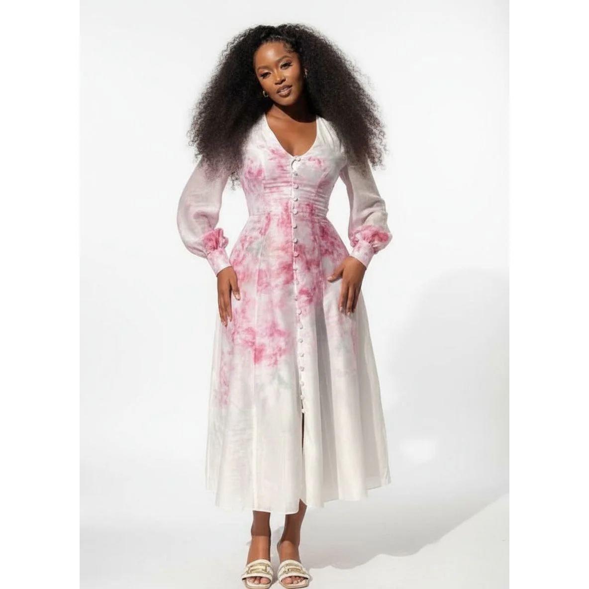 Button Down Ruched Waist Long Sleeve Floral Maxi Dress