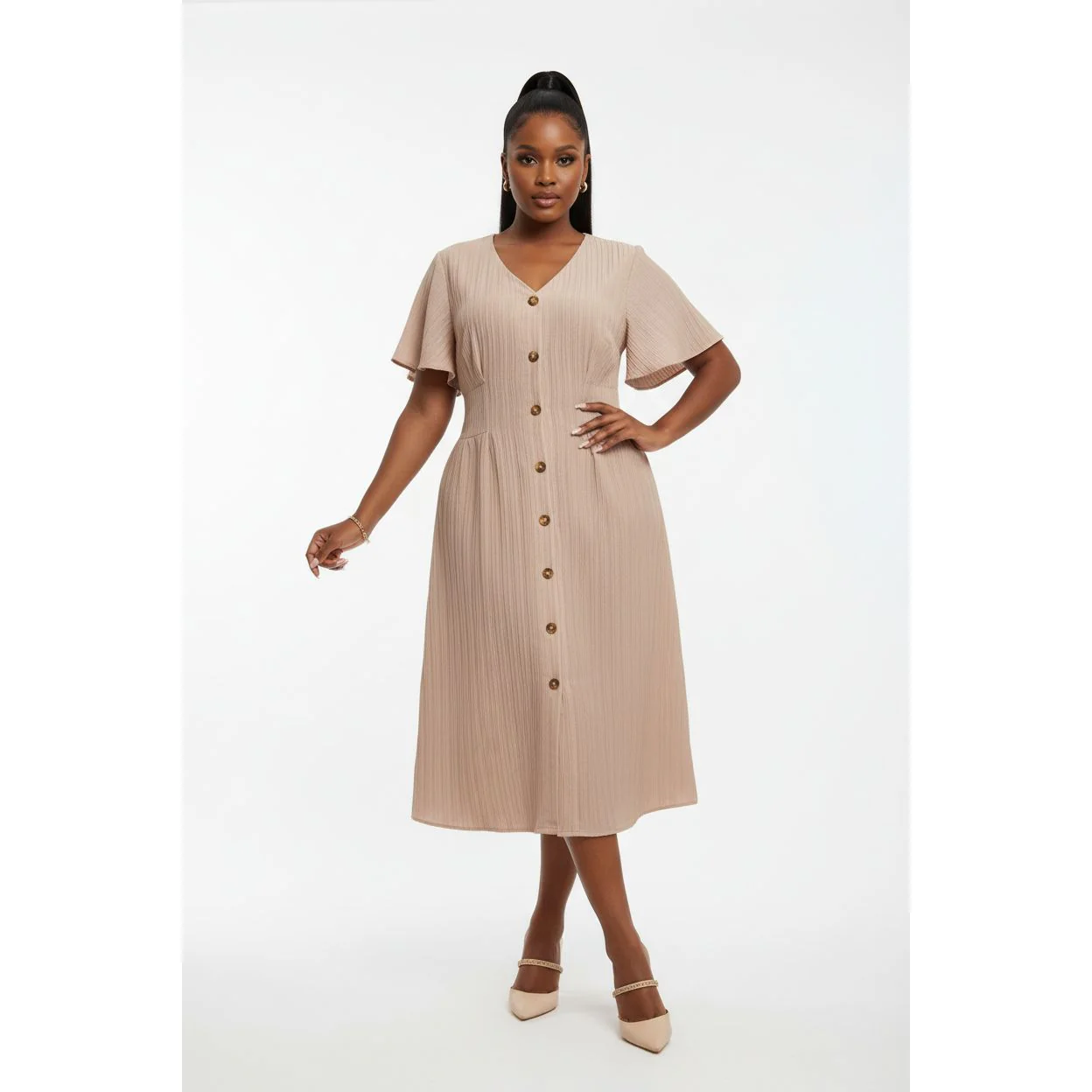 Button Down Short Sleeve Shirt Midi Dress - Image 3