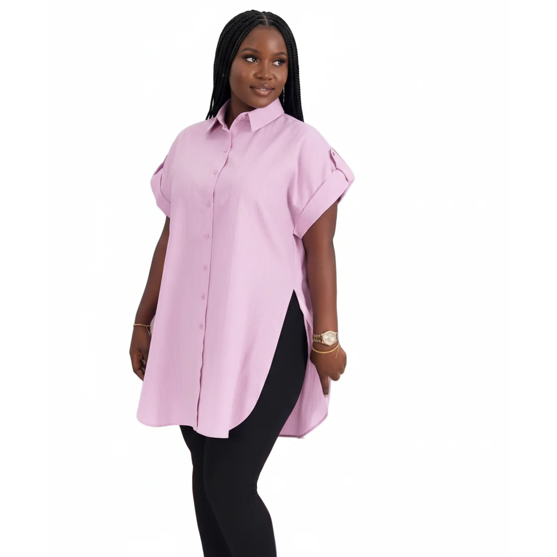 Button-Down Tunic with High Side Slits Shirt - Image 2