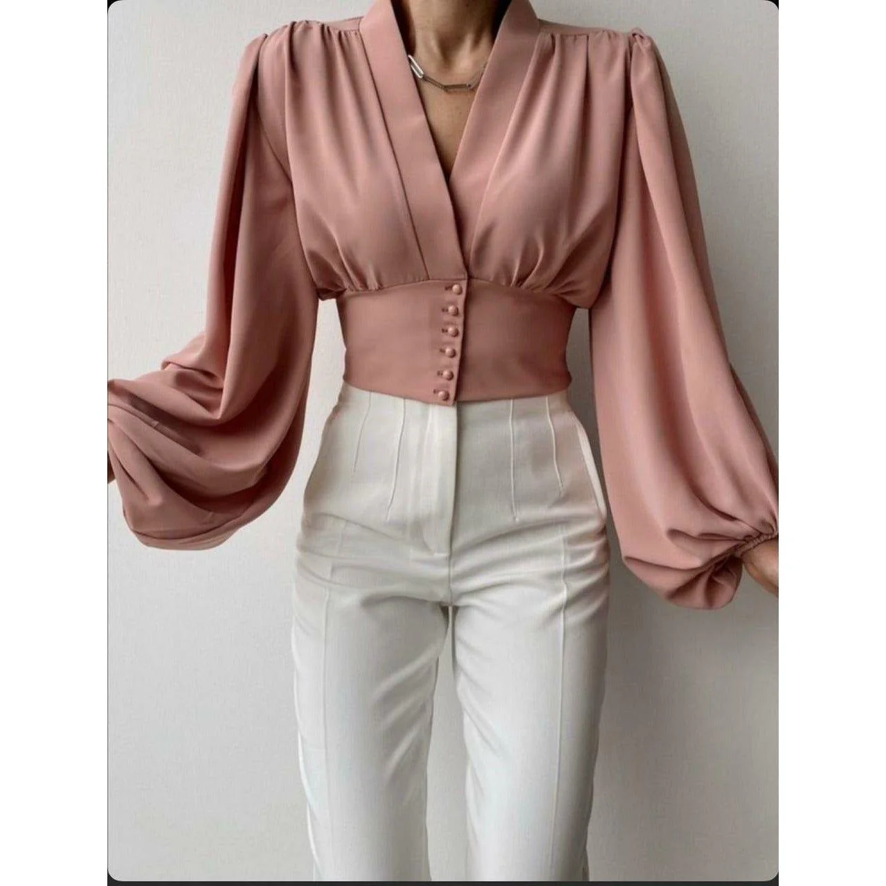 Button Front Puff Lantern Sleeve Top - Image 2
