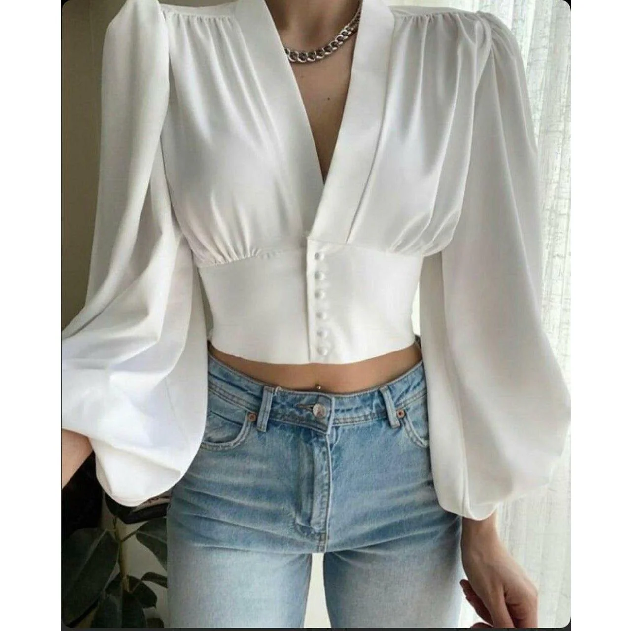Button Front Puff Lantern Sleeve Top - Image 3