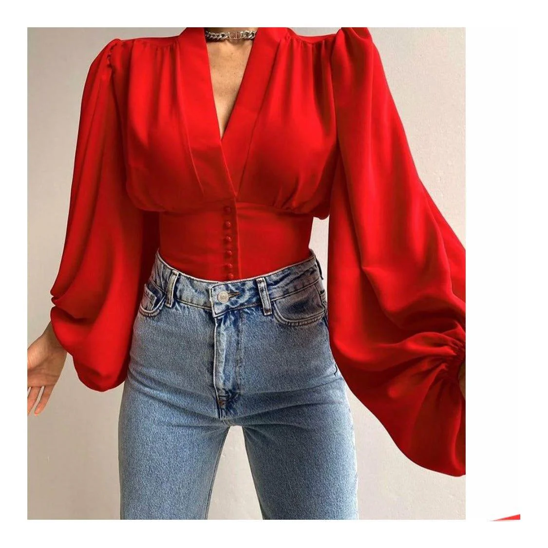 Button Front Puff Lantern Sleeve Top - Image 5
