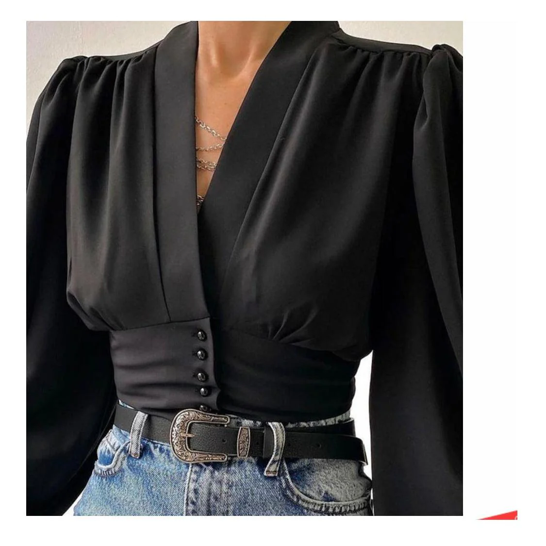Button Front Puff Lantern Sleeve Top - Image 6