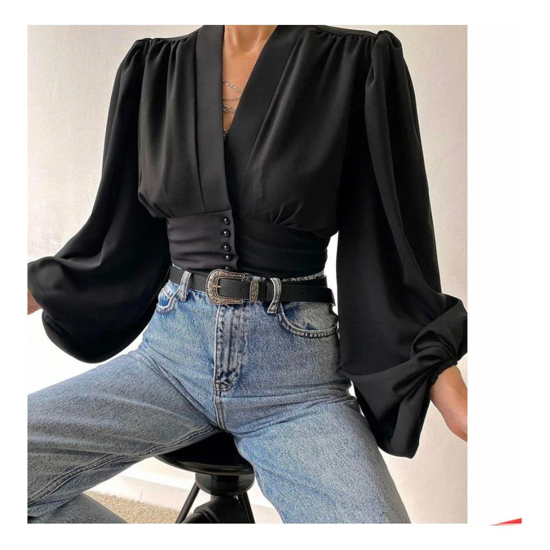 Button Front Puff Lantern Sleeve Top - Image 7