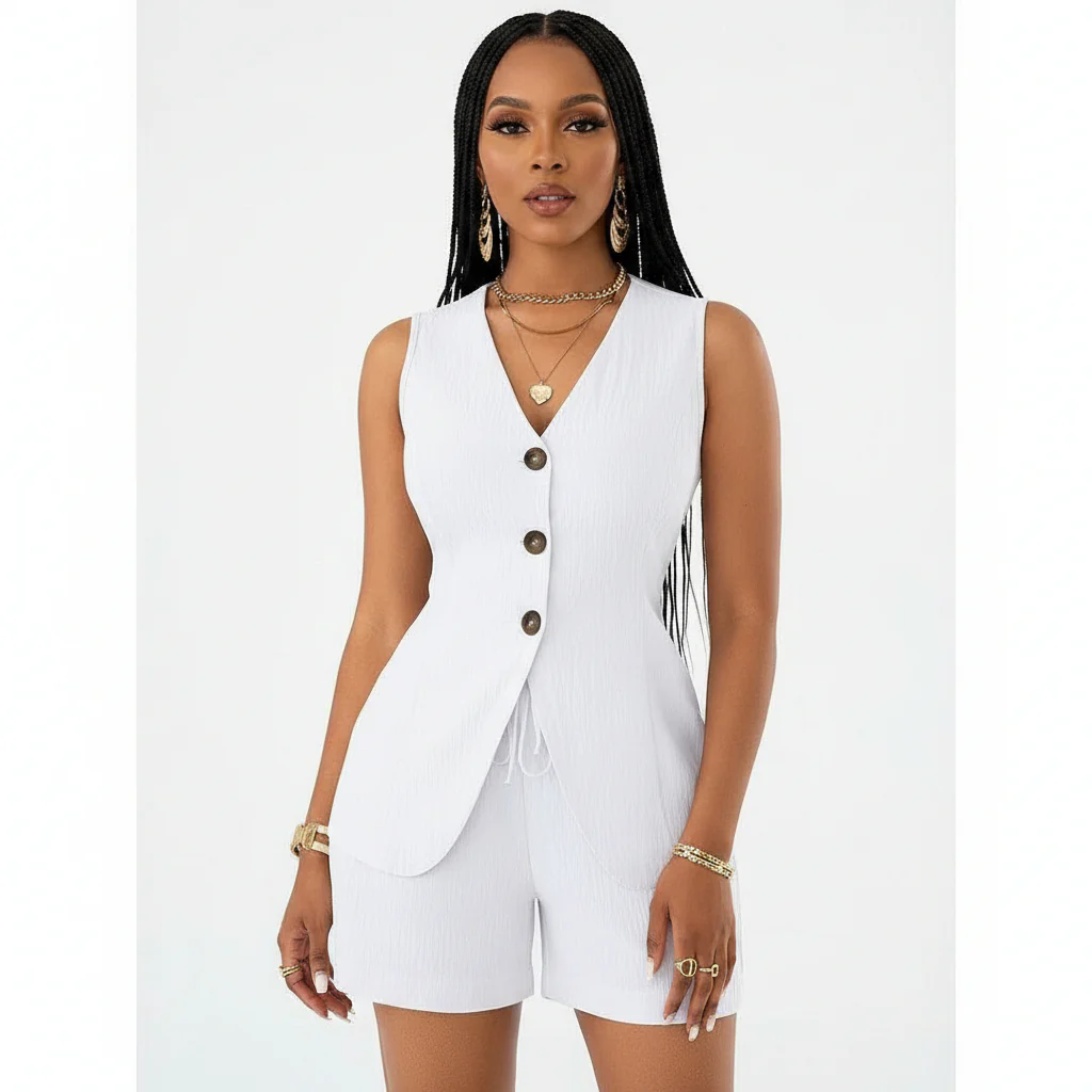 Button Front Vest Blazer & Shorts