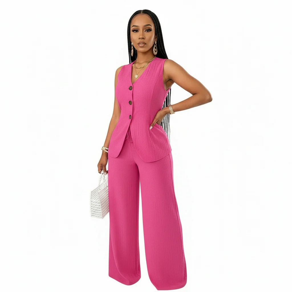 V-Neck Waist Tied Back Vest & Straight Leg Pants Suit - Image 2