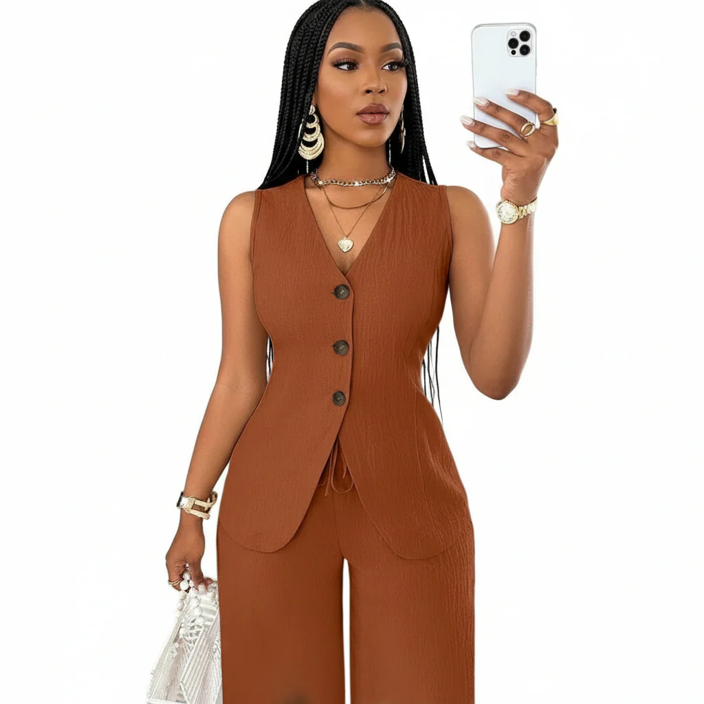 V-Neck Waist Tied Back Vest & Straight Leg Pants Suit - Image 3