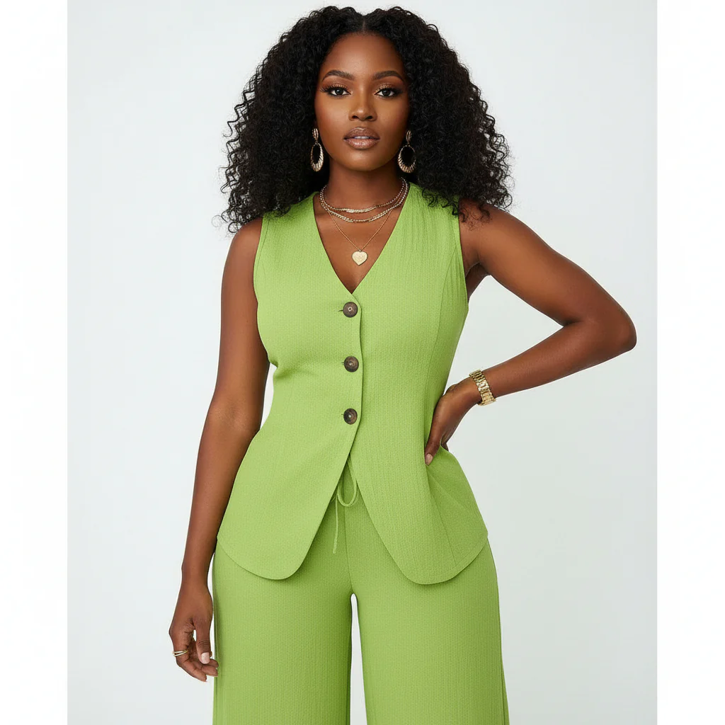 V-Neck Waist Tied Back Vest & Straight Leg Pants Suit - Image 4