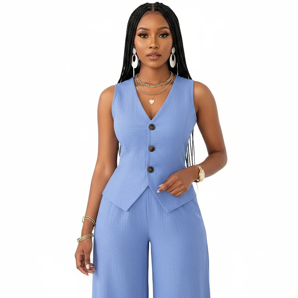 V-Neck Waist Tied Back Vest & Straight Leg Pants Suit - Image 5