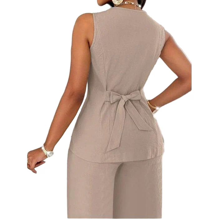 V-Neck Waist Tied Back Vest & Straight Leg Pants Suit - Image 6