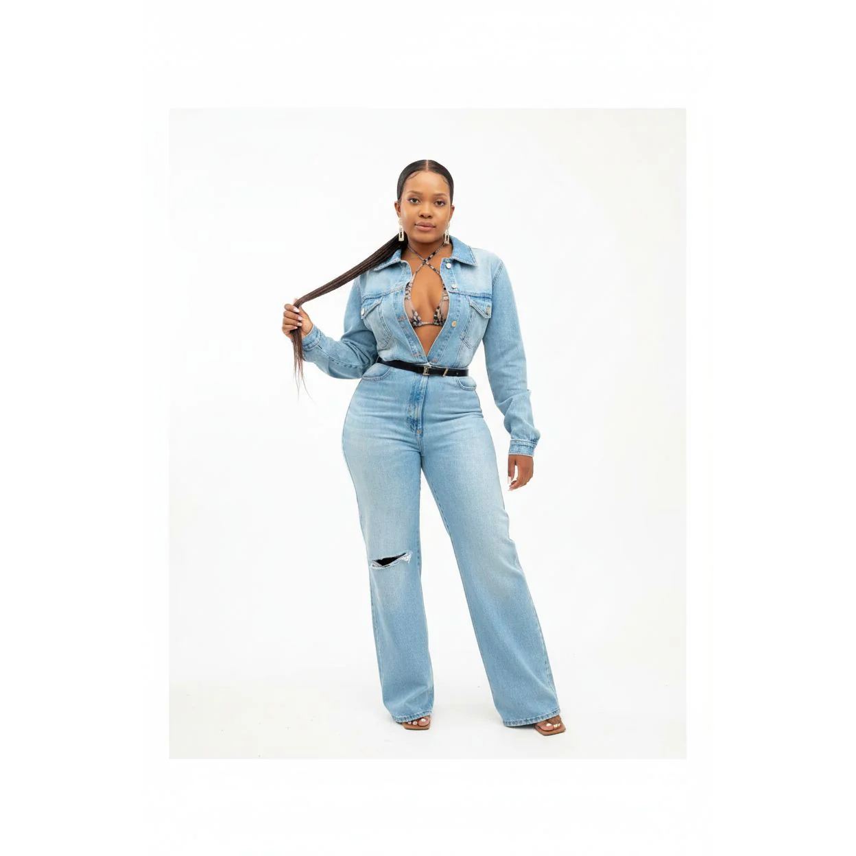 Button High Waisted Denim Jumpsuit