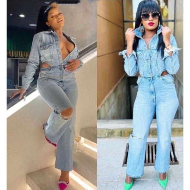 Button High Waisted Denim Jumpsuit - Image 6