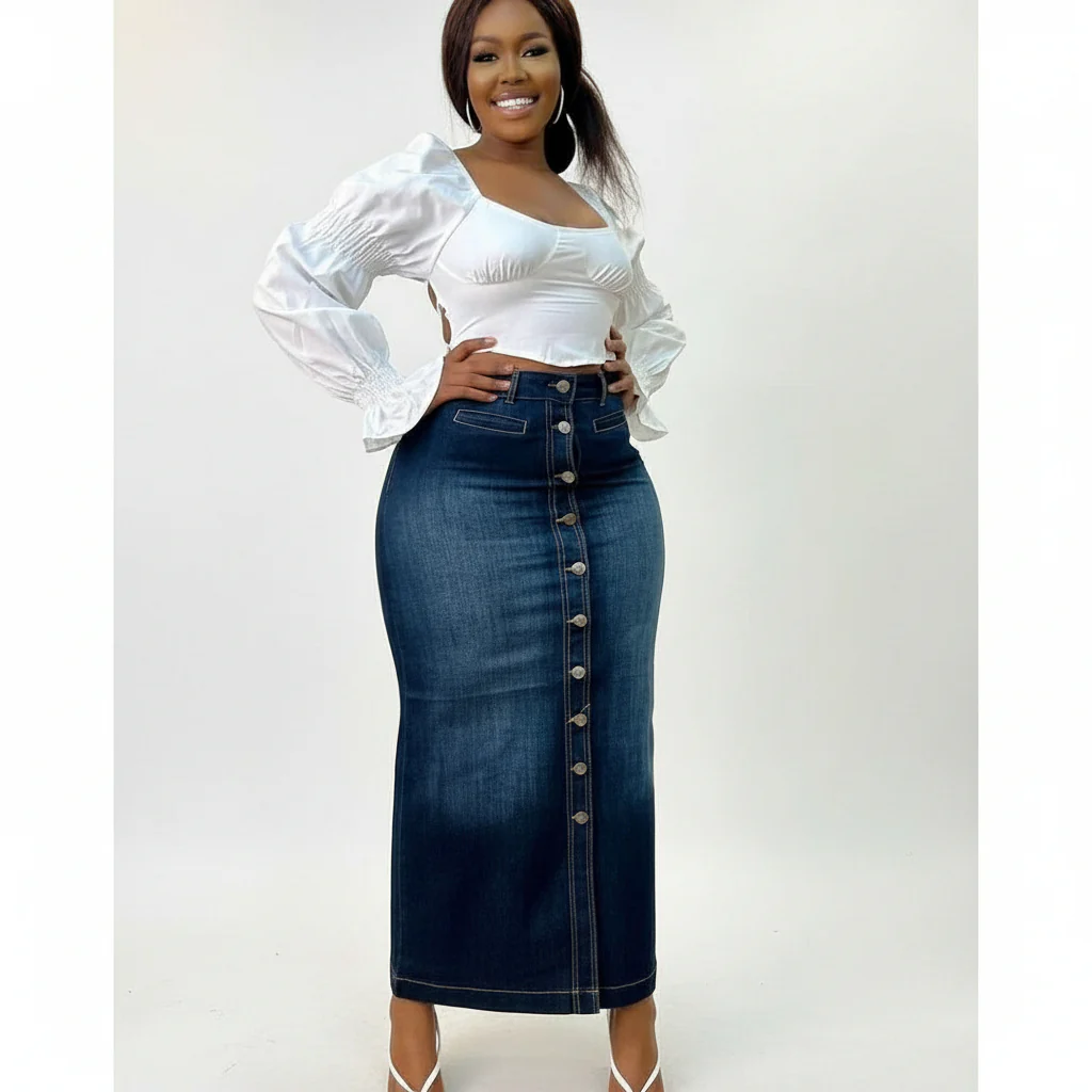 Button Up High Waisted Denim Skirt